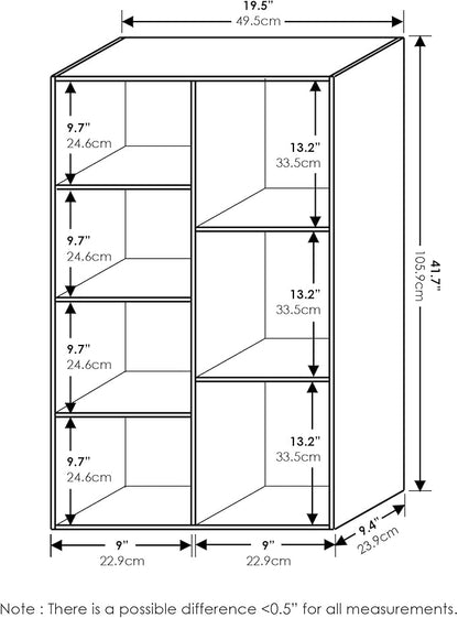 Furinno LUDER Book Shelf, 7-Cube Bookshelf, Bookcase, 9.4" x 19.5" x 41.7", for Living Room, Bedroom, Home Office, White