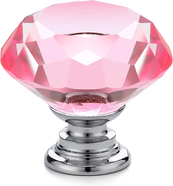 Ravinte 5 Pack Pink Crystal Knobs for Dresser Drawers Glass Cabinet Knobs Diamond Shaped Drawer Knobs - 30 mm Knobs with Silver Base