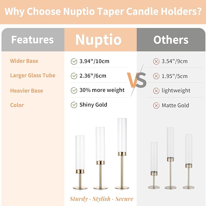 Nuptio Gold Candlestick Holder Tall Hurricane Candle Holder Set of 3 Taper Candle Holders Candle Stand Glass Cover Candlesticks Holders Table Centerpiece for Wedding Party Birthday Christmas Decor