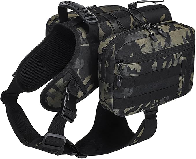 BYGD Dog Saddle Backpack for Hiking, Lightweight Waterproof Harness with Removable Bags for Large Dogs, Outdoors (Camo)-Mewly Pet