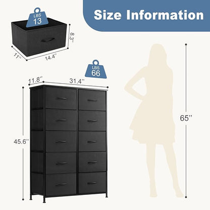 DUMOS Dresser for Bedroom, 10 Storage Drawers, Wide Fabric Closet Chests Organizer Tower Furniture with Wooden Top Metal Frame for Clothes, Guest Room, Living Room, Hallway, Entryway