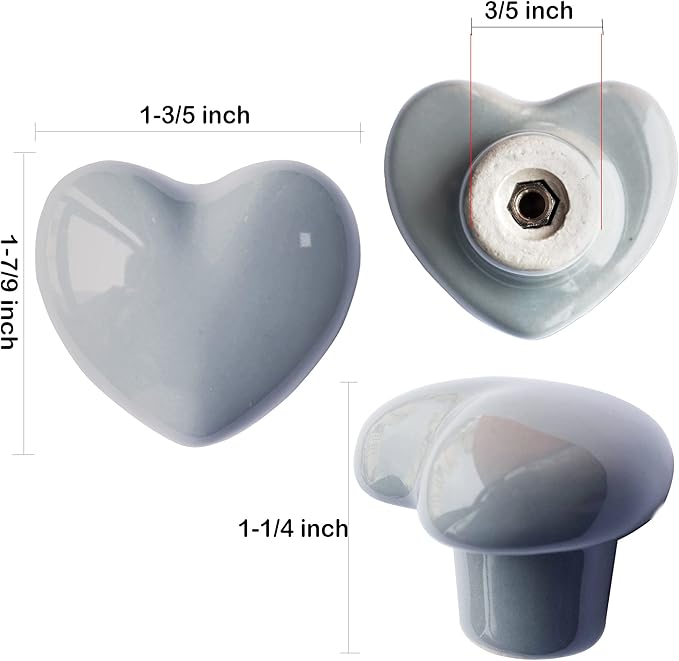 Ceramic Drawer Knobs Heart Shape Cabinet Dresser Pulls Handles with 3 Sized Screws, Kitchen Furniture Knobs for Closet Cupboard Wardrobe (6, Grey)