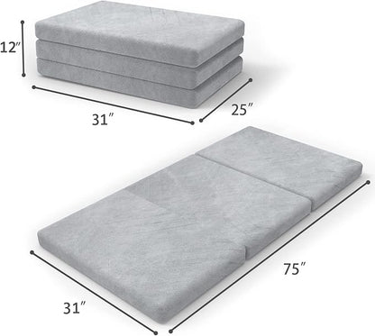 SINWEEK 4" Cot Memory Foam Folding Mattress with Storage Bag - Foldable Trifold Floor Bed Topper, CertiPUR-US Certified Guest Sleeping Pad, Machine Washable Cover