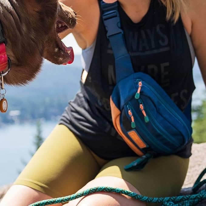 Wilderdog Utility Fanny Pack stores Treats, Balls, Keys in 3 Pockets with adjustable strap and Poop Bag dispenser (Pacific Blue)-Mewly Pet