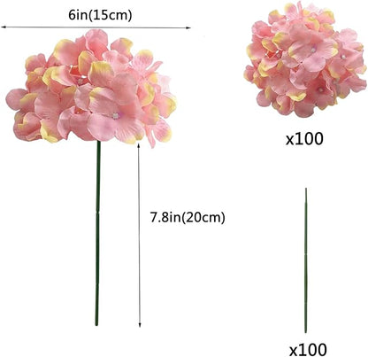 100PCS Artificial Hydrangea Flowers, Fake Flowers Silk Hydrangea Full Flowers Heads with Stems for Wedding Home Party Shop Baby Shower Decor (Purple Pink)