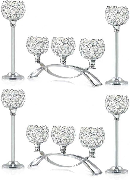 Crystal Tealight Candle Holder Centerpiece Home Decorative Candlestick Holder Elegant Table Centerpiece Home Decor Wedding Party Anniversary (Silver, Set of 6)