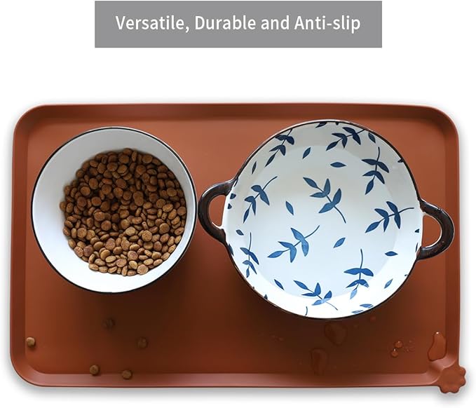 Hoki Found Silicone Pet Food Tray - Non Slip Pet Dog Bowl Mats - Cat Waterproof Mat for Carpet - Caramel-Mewly Pet