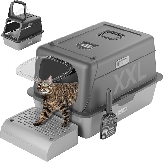 Stainless Steel Cat Litter Box with Lid, XX-Large Extra Large Litter Box for Big Cats, Enclosed Removable Metal Cat Box with High Sided Enclosure,Magnetic Door,40L Box, Litter Trap Step/Mat-Mewly Pet