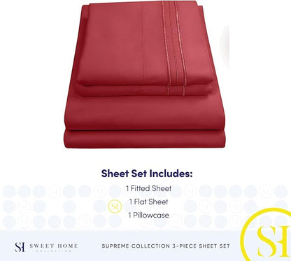 Twin XL Sheets - Breathable Luxury Sheets with Full Elastic & Secure Corner Straps Built In - 1800 Supreme Collection Extra Soft Deep Pocket Bedding Set, Sheet Set, Twin XL, Burgundy