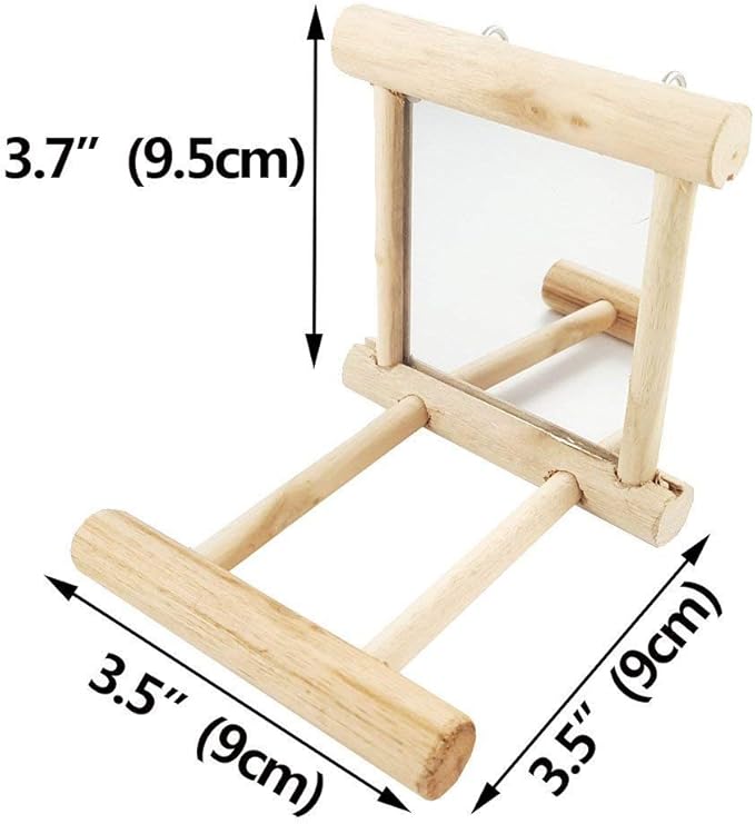 Bird Mirror with Swing and Perch for Parakeets Cockatiels Lovebirds Finches - Wooden Interactive Hanging Cage Toy, 3.7 x 3.5 x 3.5 Inch, 1 Pack-Mewly Pet