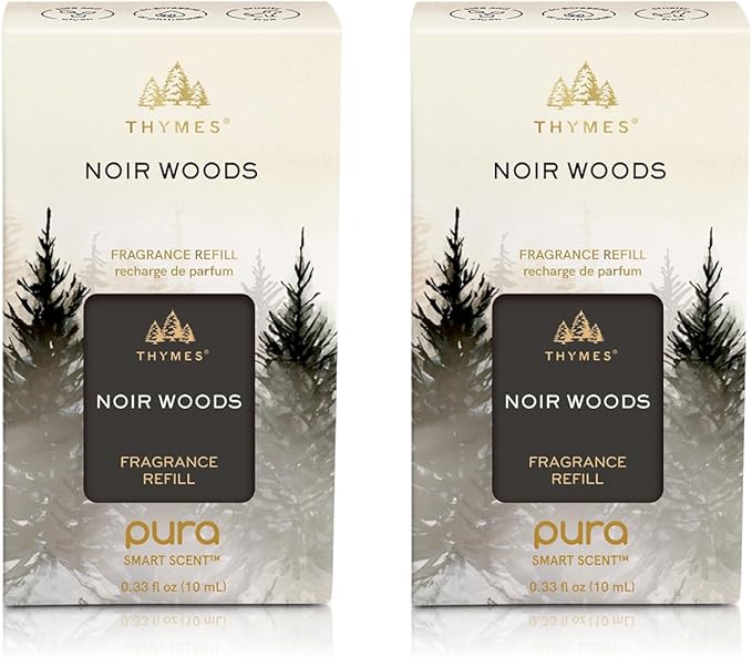 Thymes Pura Refills – 2 Pack of Oil Diffuser Scents – Long-Lasting Pura Diffuser Refills – Premium Home Fragrance – Notes of Fresh Evergreen, Smoky Wood & Golden Amber (Noir Woods, Pack of 2)