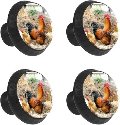4 Pack Cabinet Knobs Farm Rooster Chicken Drawer Pulls Crystal Glass Round Knobs Handles for Dressers Drawer Bathroom Kitchen Cupboards Wardrobes Hardware Furniture Knobs