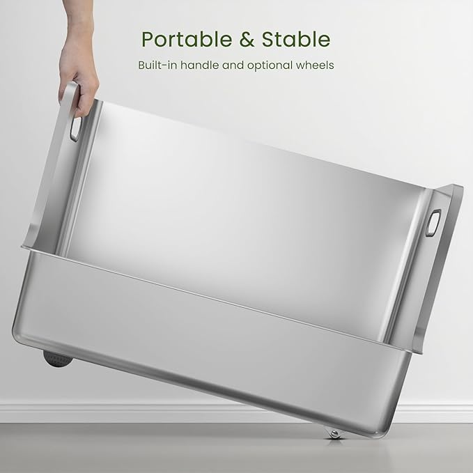 One-Piece Stainless Steel Litter Box, 14.5" High-Side XL Metal Cat Litter Box, Extra Wide Entry Pet Toilet, Cat Litter Station with Wheels, Easy to Move, Non-Stick, No Odor, for Big or Multiple Cats-Mewly Pet