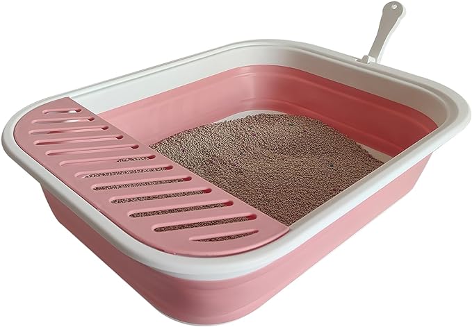Collapsible Small Cat Litter Box for Kittens Open Potty Pan Travel Foldable Waterproof Shallow Anti-Splash Removable Semi-Enclosed Kitten Kitty Puppy Small Animals Senior Pet (Pink)-Mewly Pet