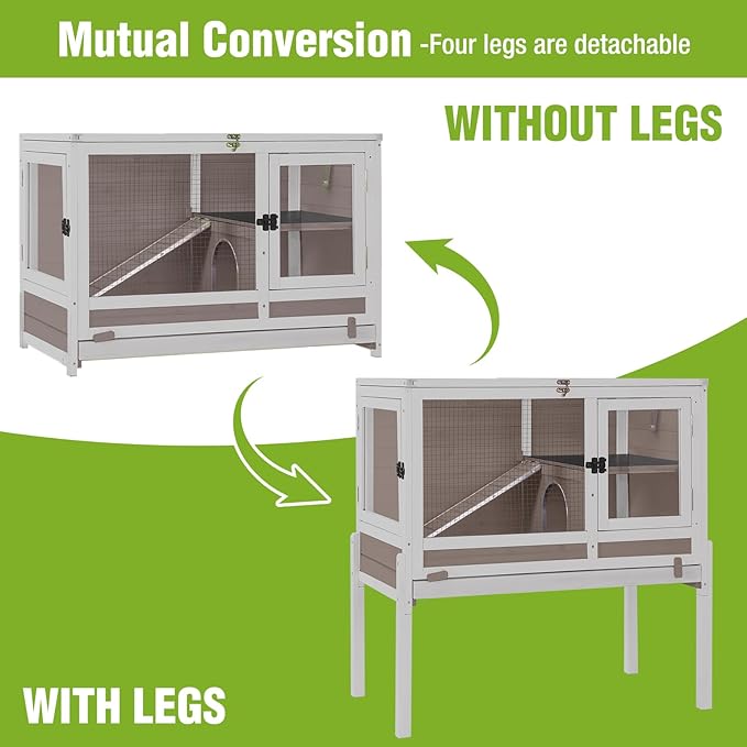 GUTINNEEN Rabbit Hutch Guinea Pig Cages Indoor with Stand Wooden Small Animals Cage Hutch Hamster Cage with Hideout,Pull Out Tray, Anti Chew Ramp(Brown)-Mewly Pet