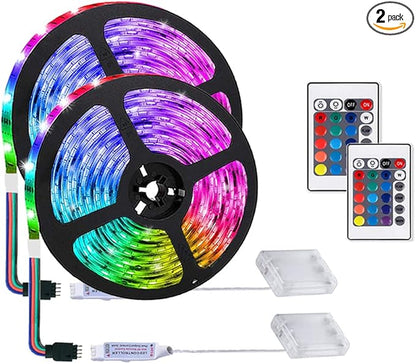 LED Strip with 24 Keys Remote Control, 2m Battery Powered Strip Lights for Party and DIY Decoration, 2 Pack