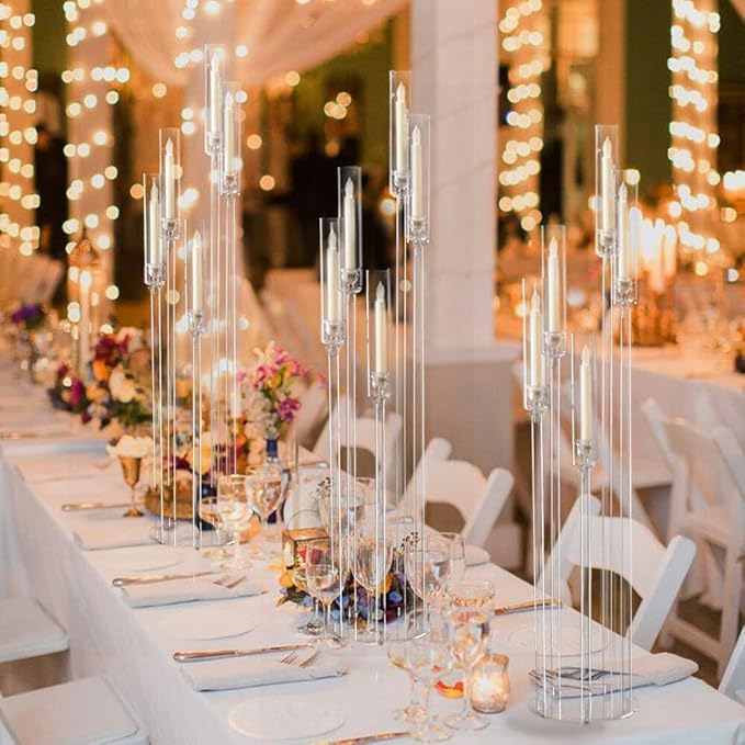 8pcs 5 Arm Floor Candelabra,Acrylic Floor Candle Holder for Wedding Centerpiece Tall Clear Candle Holders for Ceremony Birthday Party Home Decoration Fit 0.8 LED Candles