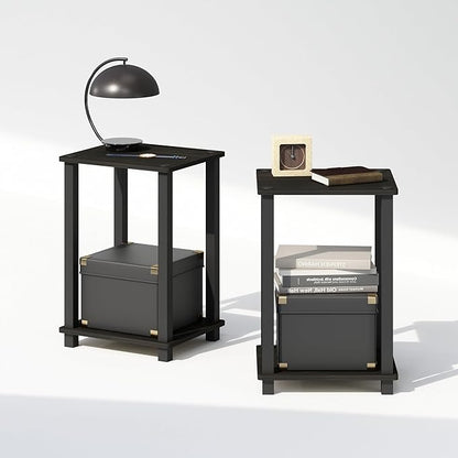 Furinno Simplistic Night Stand Set of 2, 2-Tier Small Nightstand with Open Shelf, Toolless Bedside Table, End Table, Side Table, for Bedroom, Living Room, Espresso