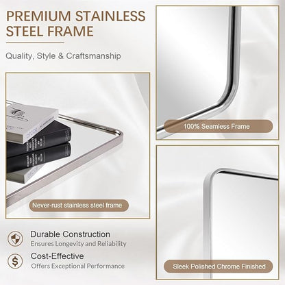 ANDY STAR Chrome Bathroom Mirror, 30x36’’ Rounded Rectangle Mirror Polished Silver Bathroom Vanity Mirror Metal Framed, SUS304-Anti-Rust, Tube Frame, Wall-Mounted Horizontal/Vertical 1’’ Deep