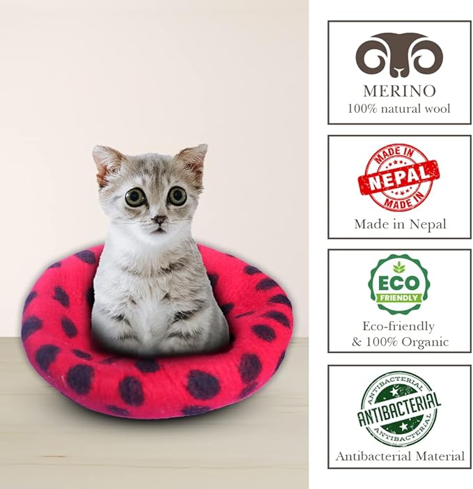 Woolygon Premium Felt Cat Cave Bed - Polka Dot Series - Wool Kitty Beds Handcrafted Kitten Caves Bed for Indoor Cats - Eco-Friendly Merino Wool, Foldable Cat Hideaway Cat Houses (Red/Black Dots)-Mewly Pet
