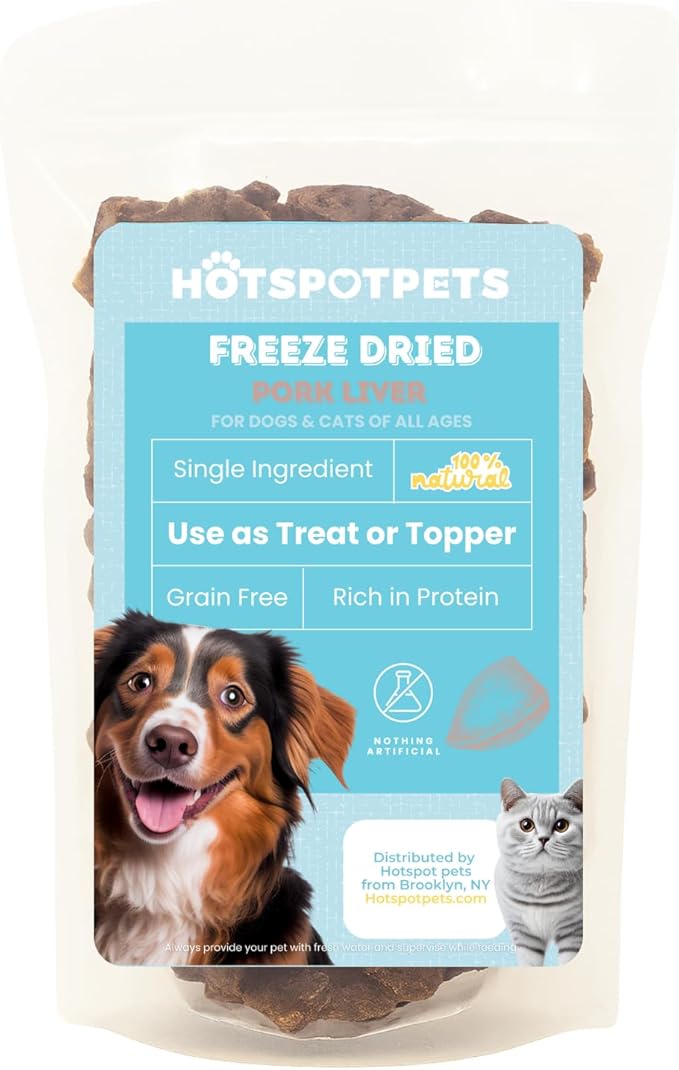 hotspot pets Freeze Dried Pork Liver Treats for Cats & Dogs - Made in USA (1 Pound Value Bag) Single Ingredient, High Protein, All Natural, Grain-Free - Perfect for Training, Topper or Snack-Mewly Pet
