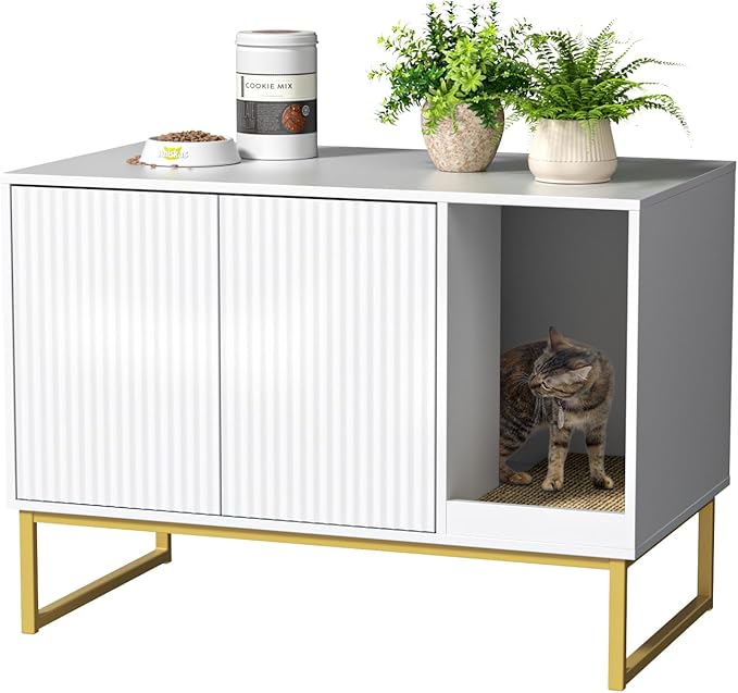 Cat Litter Box Enclosure, Fluted Hidden Litter Box Furniture with Scratch Pad and Metal Legs, Modern Enclosed Cat Cabinet, 31.5 x 17.7 x 21.7 Inches Indoor Pet House for Living Room, Washroom, White-Mewly Pet