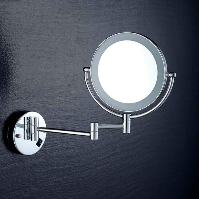 8Inch 10X Magnifier with LED Light Wall-Mounted Bathroom Mirror Wall Mounted Makeup Mirror Extended to 17 Inches Powered by USB Charging for Bathroom Hotels,Chrome (Color : Chrome)