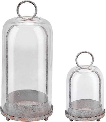 5" & 4" Wide Versatile Metal Candle Holder in Shabby White with Handmade Thick & Sturdy Glass Dome Cover for Pillar Candle & Plants, Farmhouse, Shabby Chic Style (2, White Shabby, Large & Small)