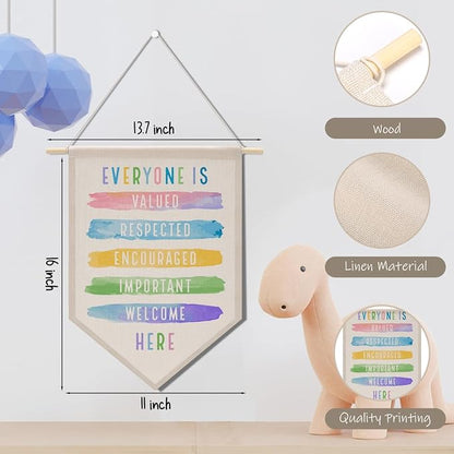 Everyone Is Welcome Here Sign Boho Classroom Decor Rainbow Decorations Canvas Hanging Pennant Flag Banner Wall Sign Decor for Playroom Bedroom
