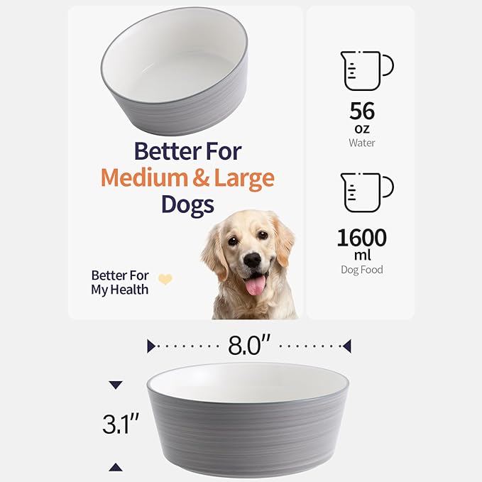 Grey White Dog Bowl Ceramic for Medium Large Breed, Heavy Weighted Dog Food Water Feeder Dish, 8 in Non - Slip Modern Cute Extra Big Porcelain Pet Bowl Maze Wide Mouth-Mewly Pet