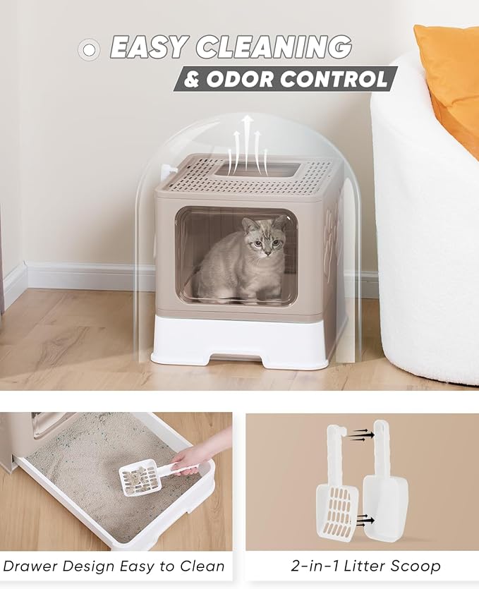 Enclosed Cat Litter Box, Large Litter Box for Big Cats, Covered Kitty Litter Boxes with Lid, Top Entry Cat Box Enclosure with Scoop, Odor Control, Easy to Clean(Coffee)-Mewly Pet