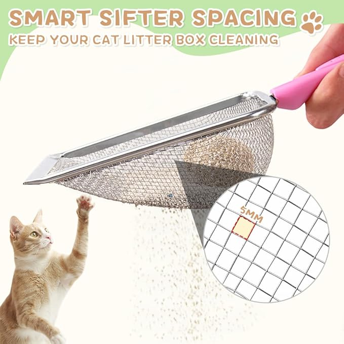 Cat Litter Scoop,Sturdy Litter Cleaner Corner Shovel,2Pcs Stainless Steel Mesh Litter Shovel,Easy to Clean Reptile Terrarium Sand Waste,Beach Shovel(2 Pcs Pink)-Mewly Pet