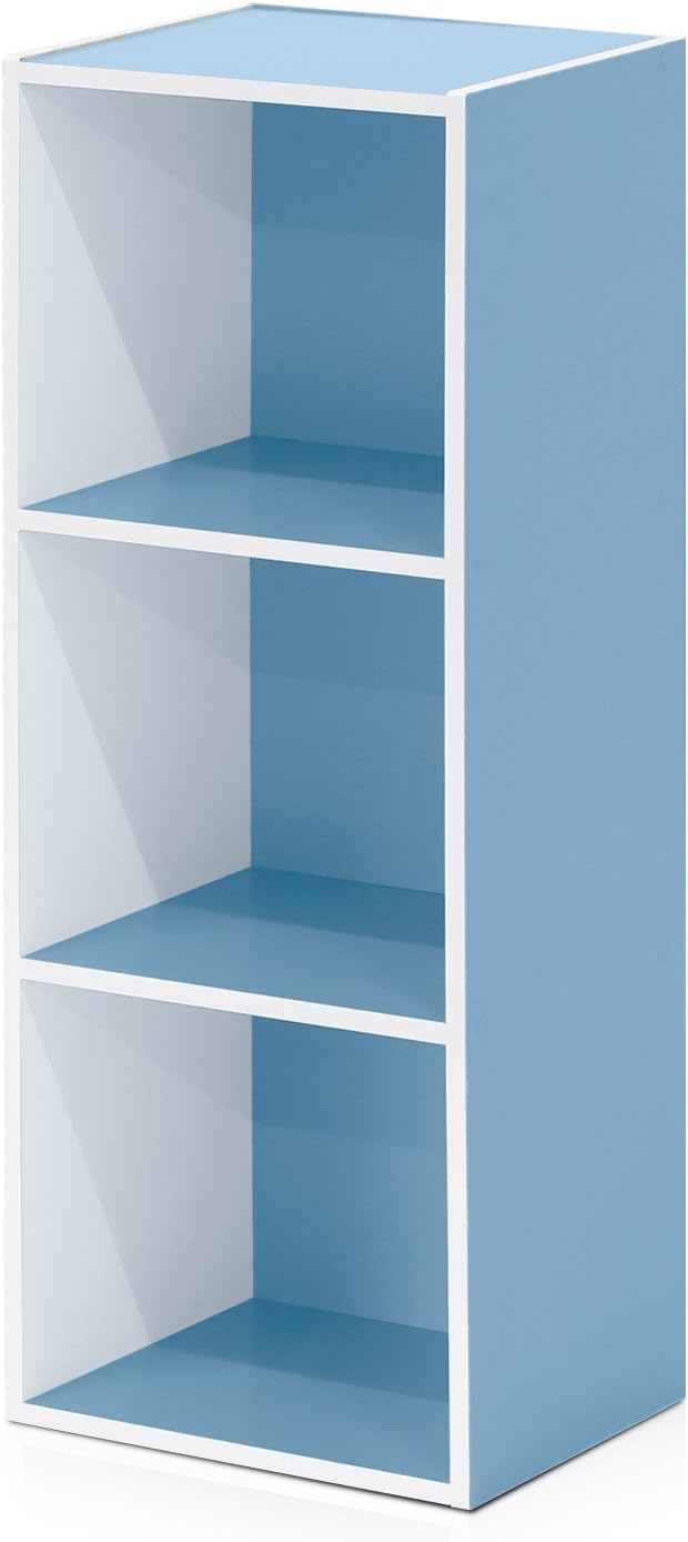 Furinno LUDER Book Shelf, 3-Cube Bookshelf, Bookcase, 9.3" x 12" x 31.5", for Living Room, Bedroom, Home Office, White/Light Blue