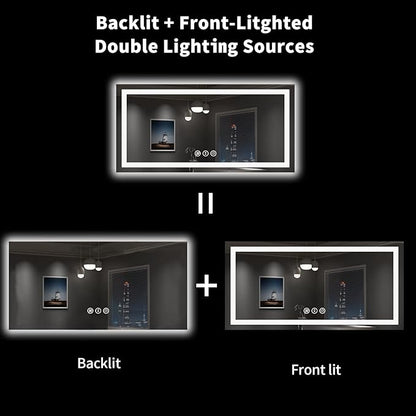 LOAAO 55X30 LED Bathroom Mirror with Lights, Anti-Fog, Dimmable, Backlit + Front Lit, Lighted Bathroom Vanity Mirror for Wall, Shatter-Proof, Memory Function, ETL Listed