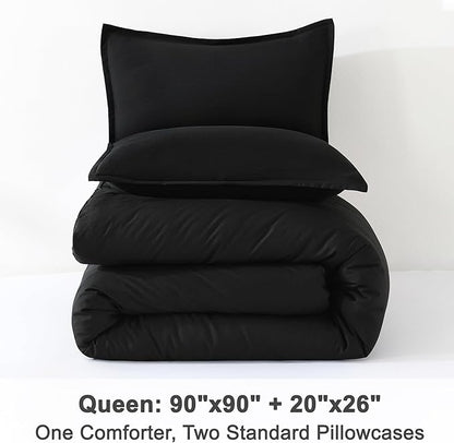 Litanika Black Comforter Set Queen Size, 3 Pieces Lightweight Solid Bedding Comforter Set, All Season Fluffy Bed Set (90x90In Comforter & 2 Pillowcases)