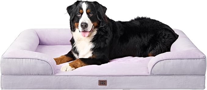 EHEYCIGA Orthopedic Dog Beds for Extra Large Dogs, Waterproof Memory Foam XXL Pet Bed with Sides, Non-Slip Bottom and Egg-Crate Foam Big Dog Couch Bed with Washable Removable Cover, Lilac-Mewly Pet