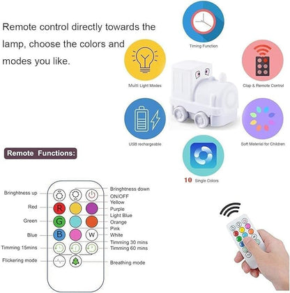 Kids Night Light, USB Rechargeable, 9 Color-Changing, Eye-Caring, Remote & Touch Control, Adjustable Brightness, Girl & Boy Gift - Train
