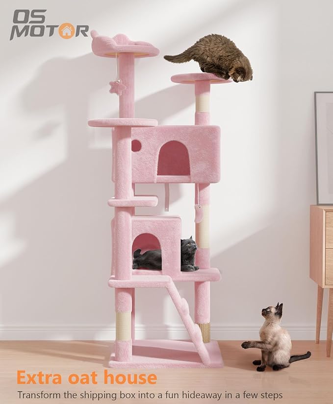 60'' Cat Tree Tower for Indoor Cats Large Adult,Cute/Tall Modern Cat Tree for Big Cats 20 lbs, Plush Multi-Level Cat Condo with Scratching Posts,Dangling for Fun Play (Soft Pink, 60 inch)-Mewly Pet