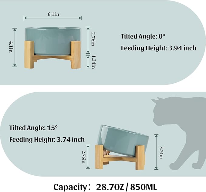 SPUNKYJUNKY 15° Slanted Ceramic Dog and Cat Bowl with Wooden Stand, Tilted Bulldog Food and Water Bowl No Slip Non-Spill for Cats Medium Dogs Big Face Pets 28.7 OZ (3.6 Cups, Light Green)-Mewly Pet