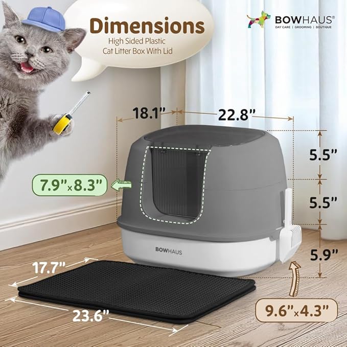 Detachable Cat Litter Box with Lid, 3-in-1 Cat Toilet of Cats, Large Space Anti-Leakage Cat Litter Box with Scoop, Cat Mat & Odor Fitter, Dark Grey-Mewly Pet
