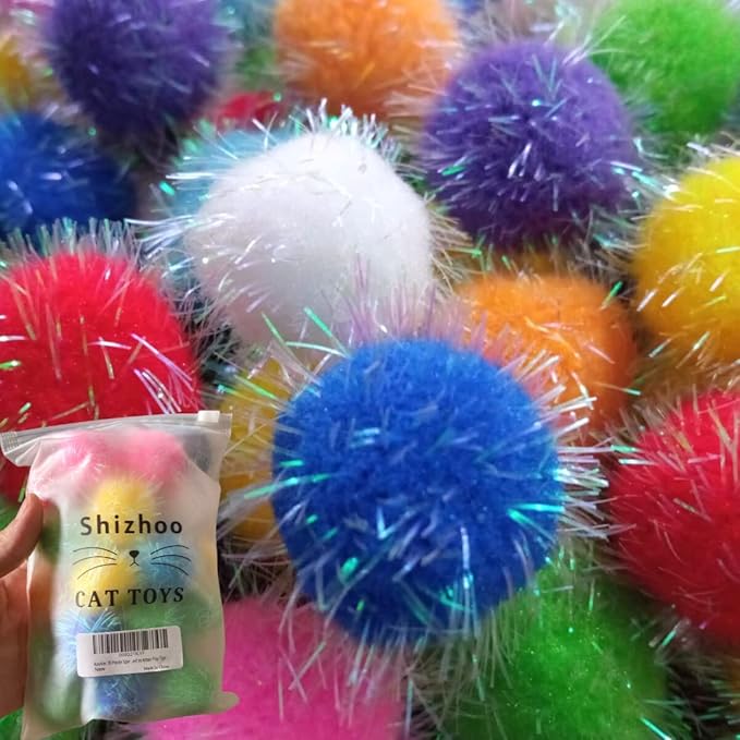 30 Pieces 1.6 inches Sparkle Pom Pom Balls for Cat - Interactive Glitter Balls, Multicolor, Best as Kitten Play Toys-Mewly Pet