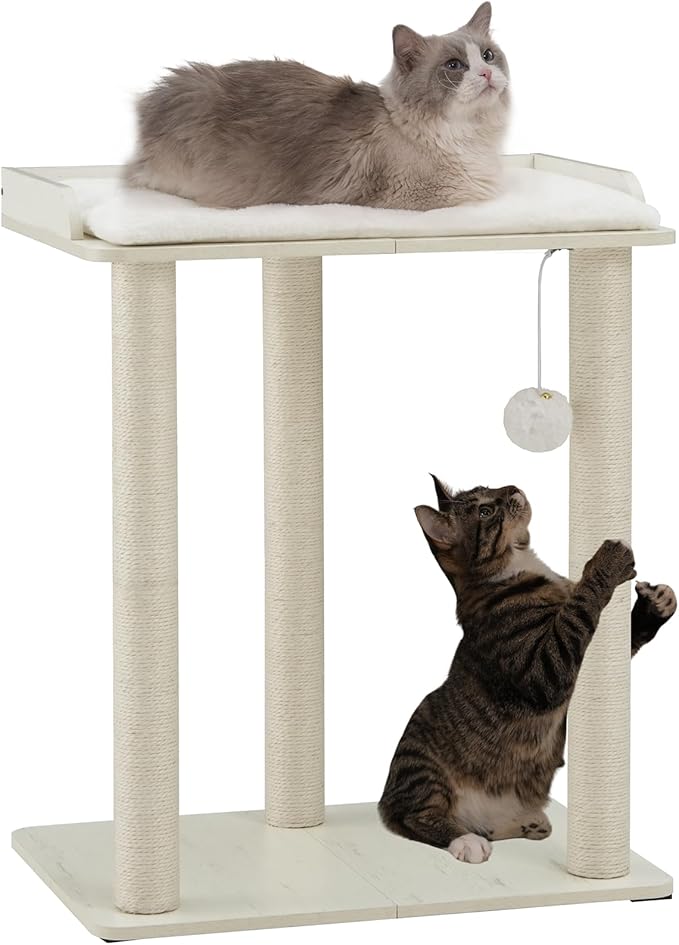 FourFurPets 26.7in Large Cat Tree Tower Condo, Cat Scratch Posts for Indoor Cats, Big Plate, Three 23.6in Full Sisal Scratching Posts, White-Mewly Pet