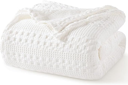 PHF 100% Cotton Waffle Weave Blanket King Size for Bed, Soft Lightweight & Breathable, All-Season Comfort, Luxury Aesthetic Woven Bedding for Home Decor, 108"x90", White
