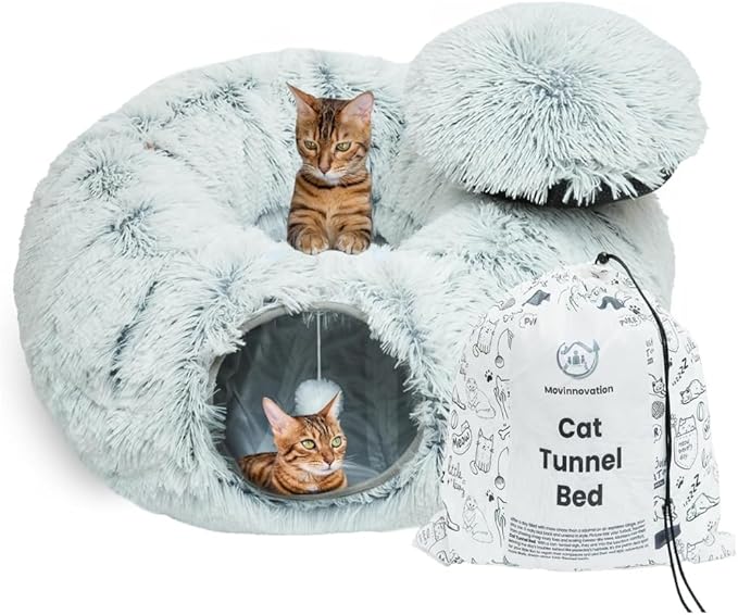 Large Cat Tunnel Bed for Indoor Cats Warm Fluffy Plush Cat Cave Tunnel Bed Collapsible, Washable, 3 Way and Multifunctional with Dangling Balls for Cats, Kittens and Rabbits- Gray-Mewly Pet