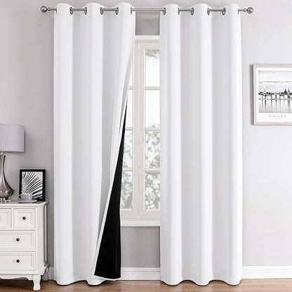 ChrisDowa White 100% Blackout Curtains for Bedroom with Black Liner, 2 Thick Layers Total Blackout Thermal Insulated Grommet Window Curtains 2 Panels Set (Pure White, 42 x 84 Inch)
