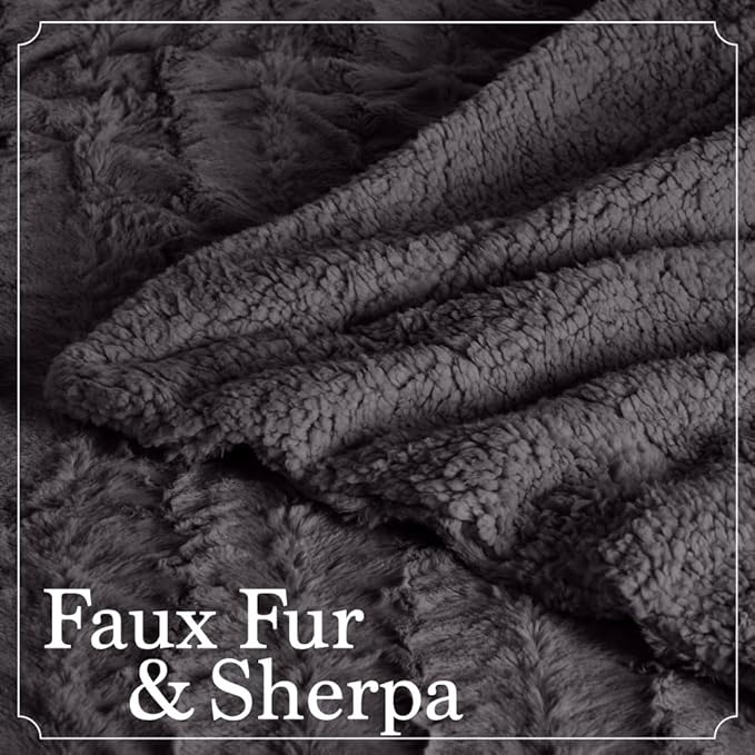 The Connecticut Home Co Bedding Blanket, Queen 90x90, Soft Fluffy Room Decor, Cozy Warm Throws for Bed, Gifts for Women, Bedroom Cute Aesthetic Blankets Faux Fur and Sherpa Gray