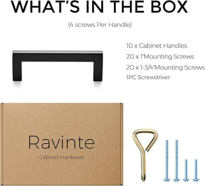 Ravinte 10 Pack Solid Kitchen Cabinet Handles Matte Black Cabinet Pulls Slim Drawer Pulls with 3 Inch Hole Center Square Bar Kitchen Cupboard Hardware
