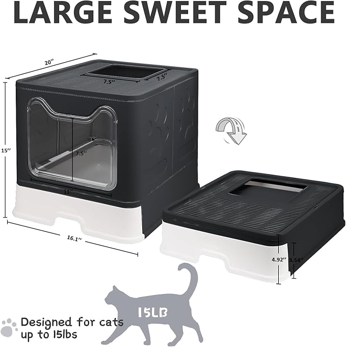 Foldable Cat Litter Box with Lid, Enclosed Potty, Large Top Entry Anti-Splashing Toilet, Easy to Clean Including Litter Scoop and 2-in-1 Cleaning Brush (Black)-Mewly Pet
