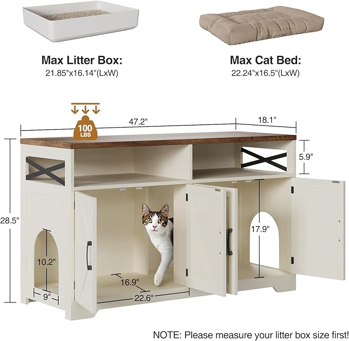 Cat Litter Box Enclosure for 2 Cats, 47" Hidden Litter Box Furniture Cat Washroom with Double Large Room, Farmhouse Indoor Litter Box Cabinet TV Stand, White-Mewly Pet