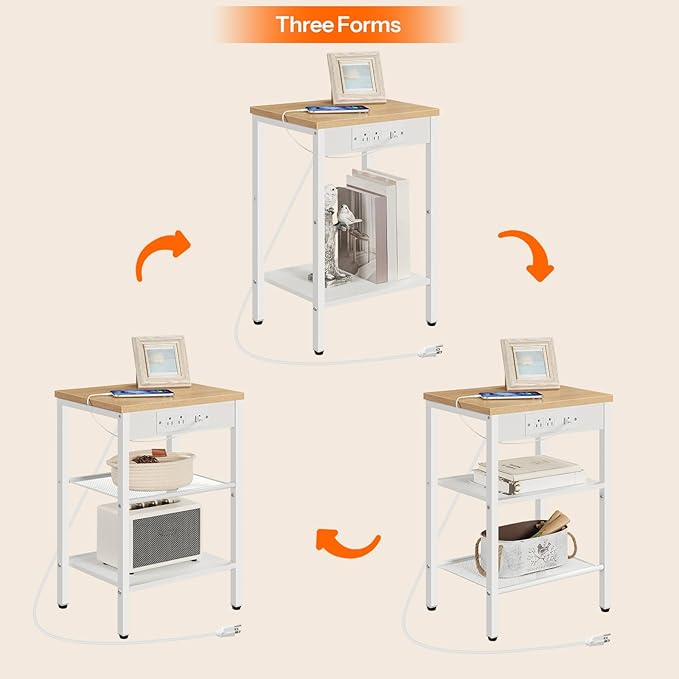 HOOBRO Side Table with Charging Station and USB Ports, Small End Table for Small Space, 3-Tier Nightstand with Adjustable Shelf, for Living Room, Bedroom and Balcony, Natural and White WN112BZ01